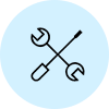 A cross wrench and screwdriver icon in a circle.